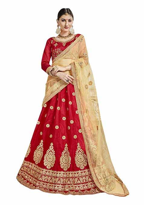 Red Embroidered Bangalori Silk Lehenga Set