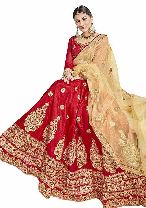 Red Embroidered Bangalori Silk Lehenga Set
