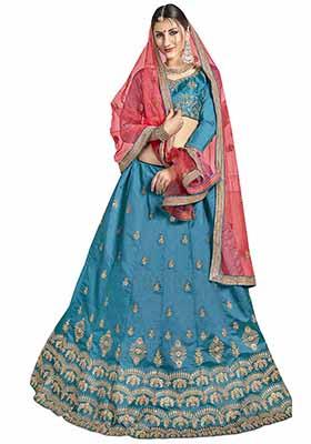 Sky Blue Embroidered Bangalori Silk Lehenga Set