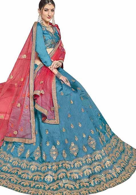 Sky Blue Embroidered Bangalori Silk Lehenga Set