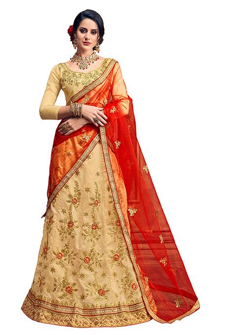 Beige Embroidered Silk Lehenga Set