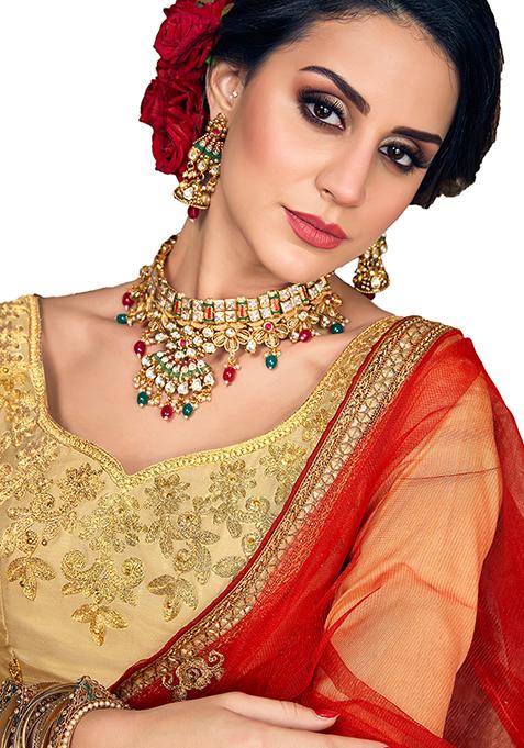 Beige Embroidered Silk Lehenga Set