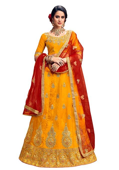 Yellow Embroidered Silk Lehenga Set