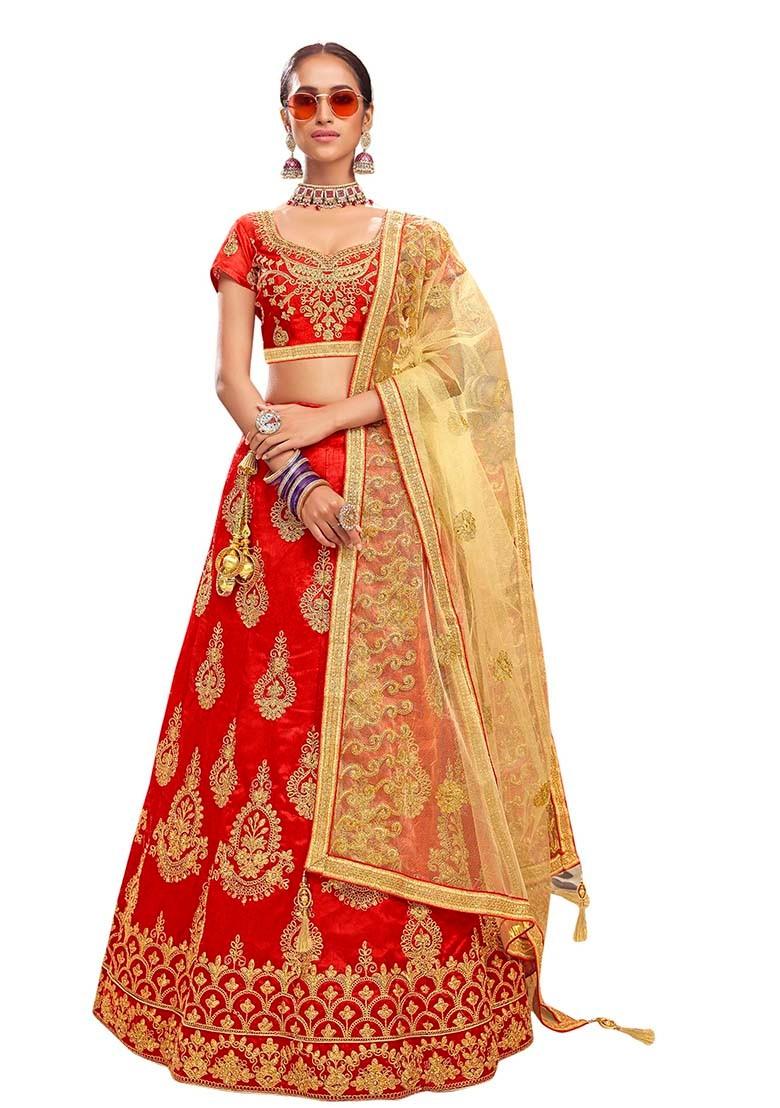 Red Embroidered Bangalori Silk Lehenga Set