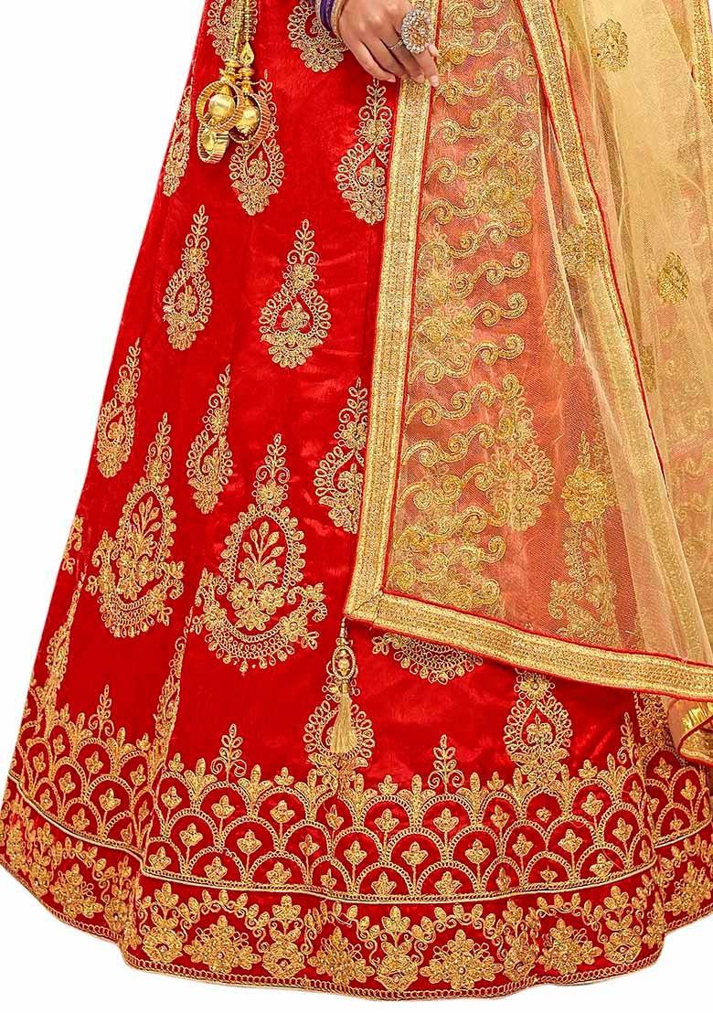 Red Embroidered Bangalori Silk Lehenga Set