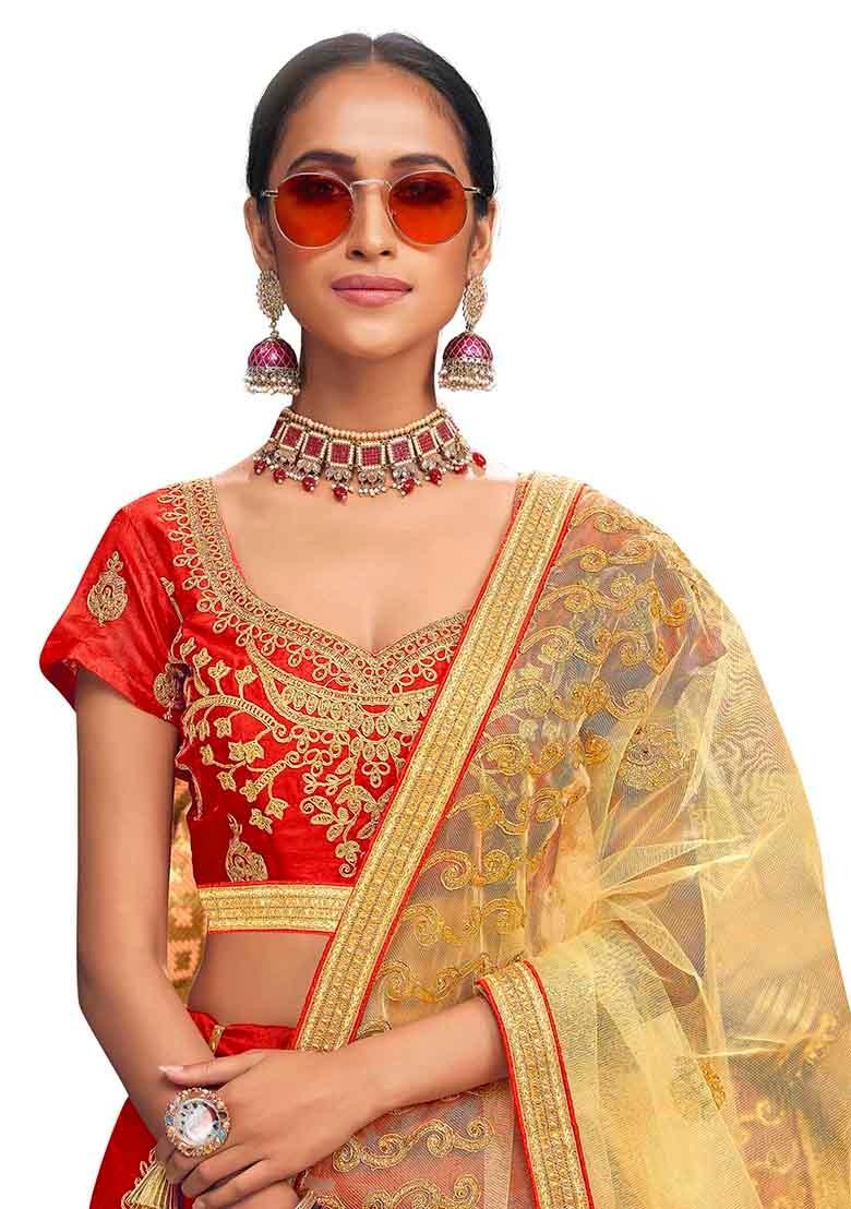 Red Embroidered Bangalori Silk Lehenga Set