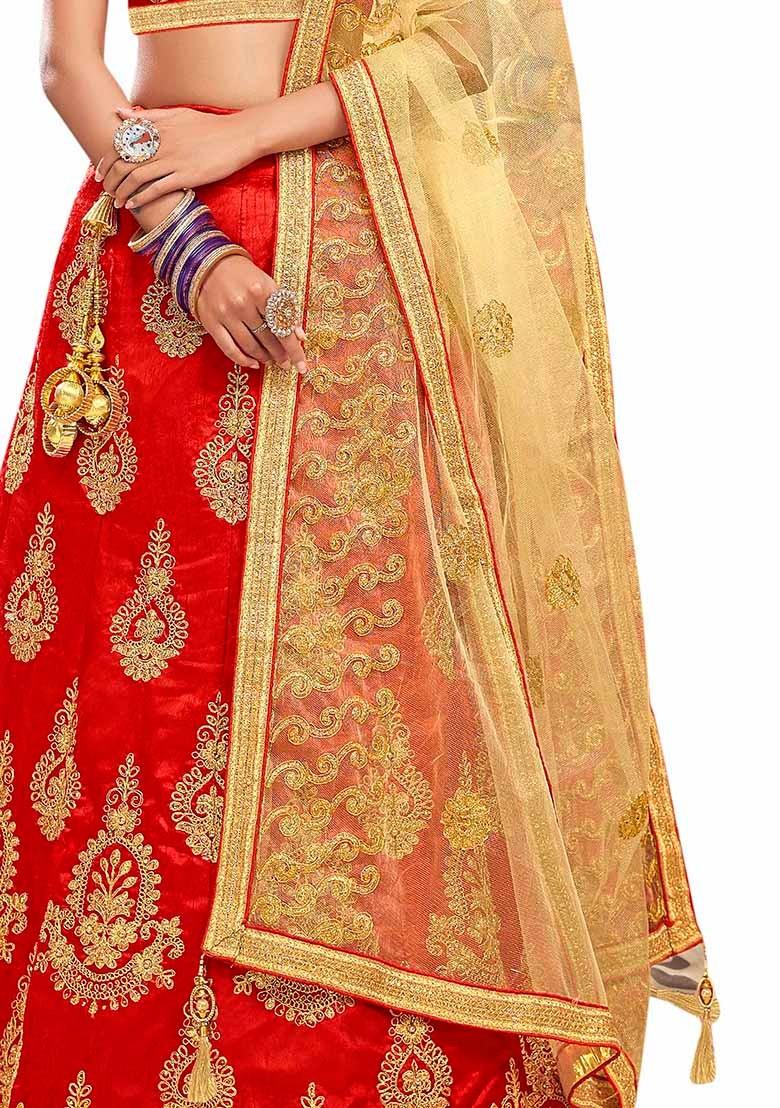 Red Embroidered Bangalori Silk Lehenga Set