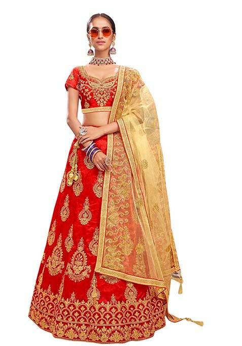 Red Embroidered Bangalori Silk Lehenga Set