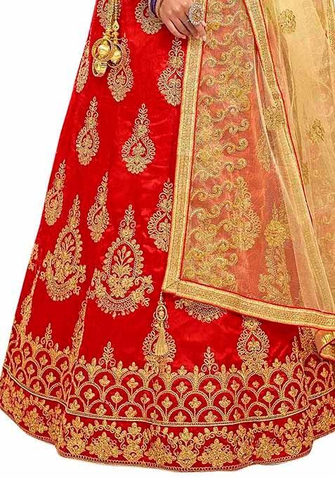 Red Embroidered Bangalori Silk Lehenga Set