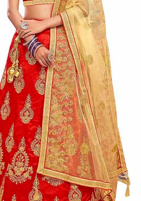 Red Embroidered Bangalori Silk Lehenga Set