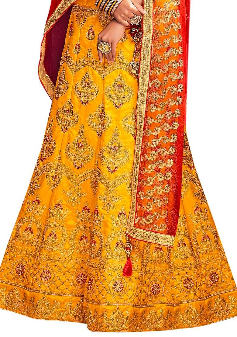 Yellow Embroidered Bangalori Silk Lehenga Set