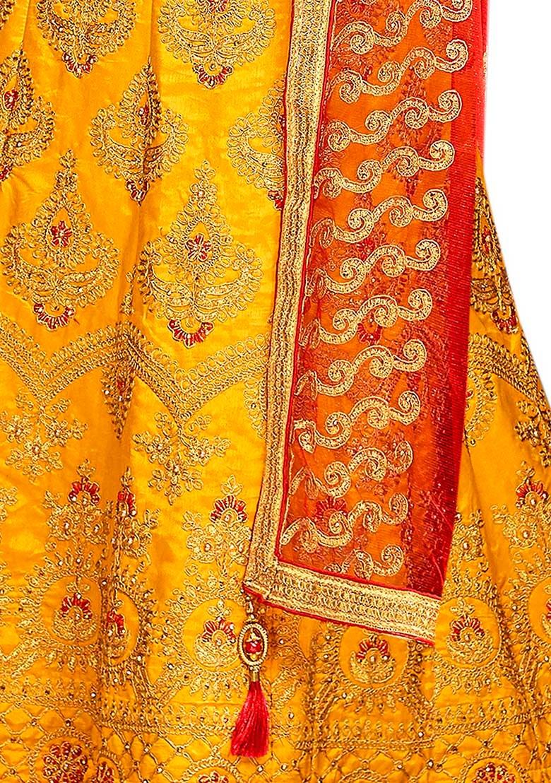 Yellow Embroidered Bangalori Silk Lehenga Set