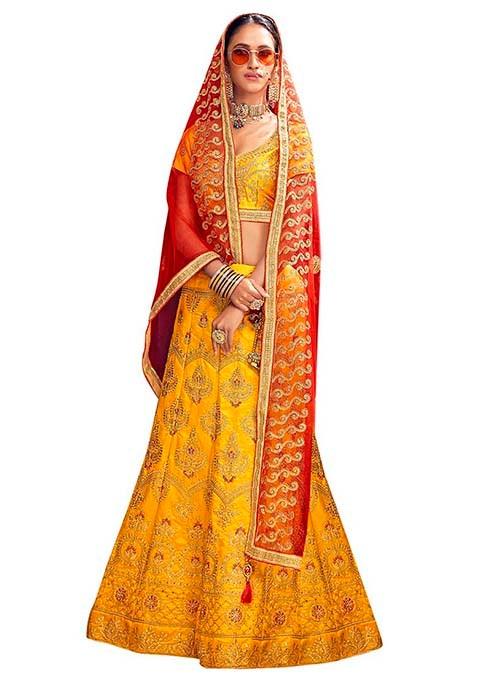 Yellow Embroidered Bangalori Silk Lehenga Set