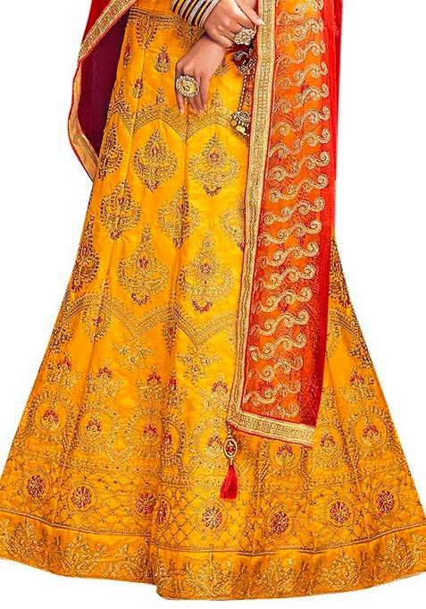 Yellow Embroidered Bangalori Silk Lehenga Set