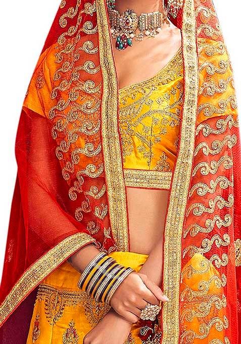 Yellow Embroidered Bangalori Silk Lehenga Set
