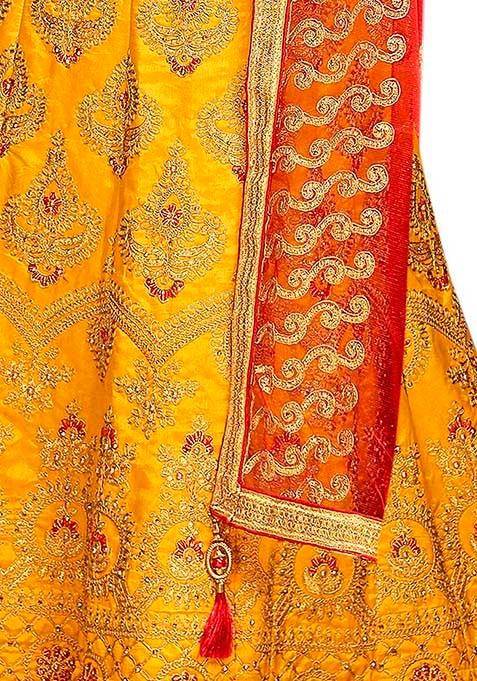Yellow Embroidered Bangalori Silk Lehenga Set