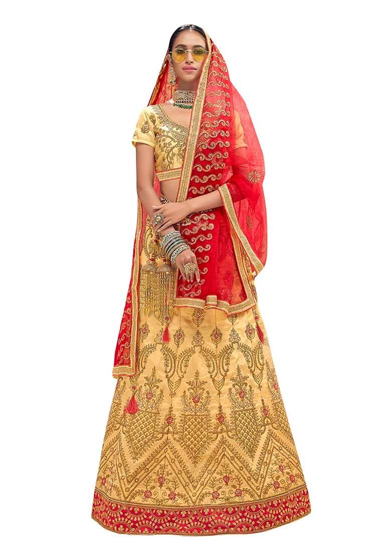 Beige Embroidered Bangalori Silk Lehenga Set - Indya