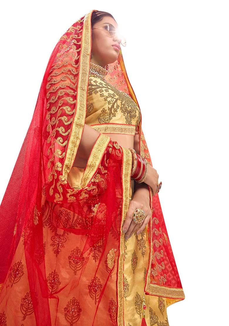 Beige Embroidered Bangalori Silk Lehenga Set - Indya