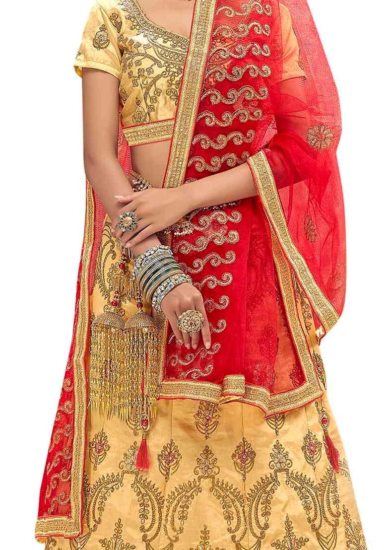 Beige Embroidered Bangalori Silk Lehenga Set