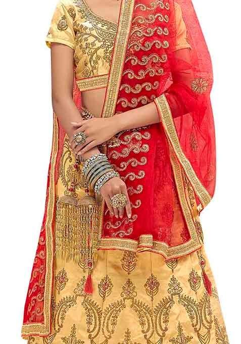 Beige Embroidered Bangalori Silk Lehenga Set
