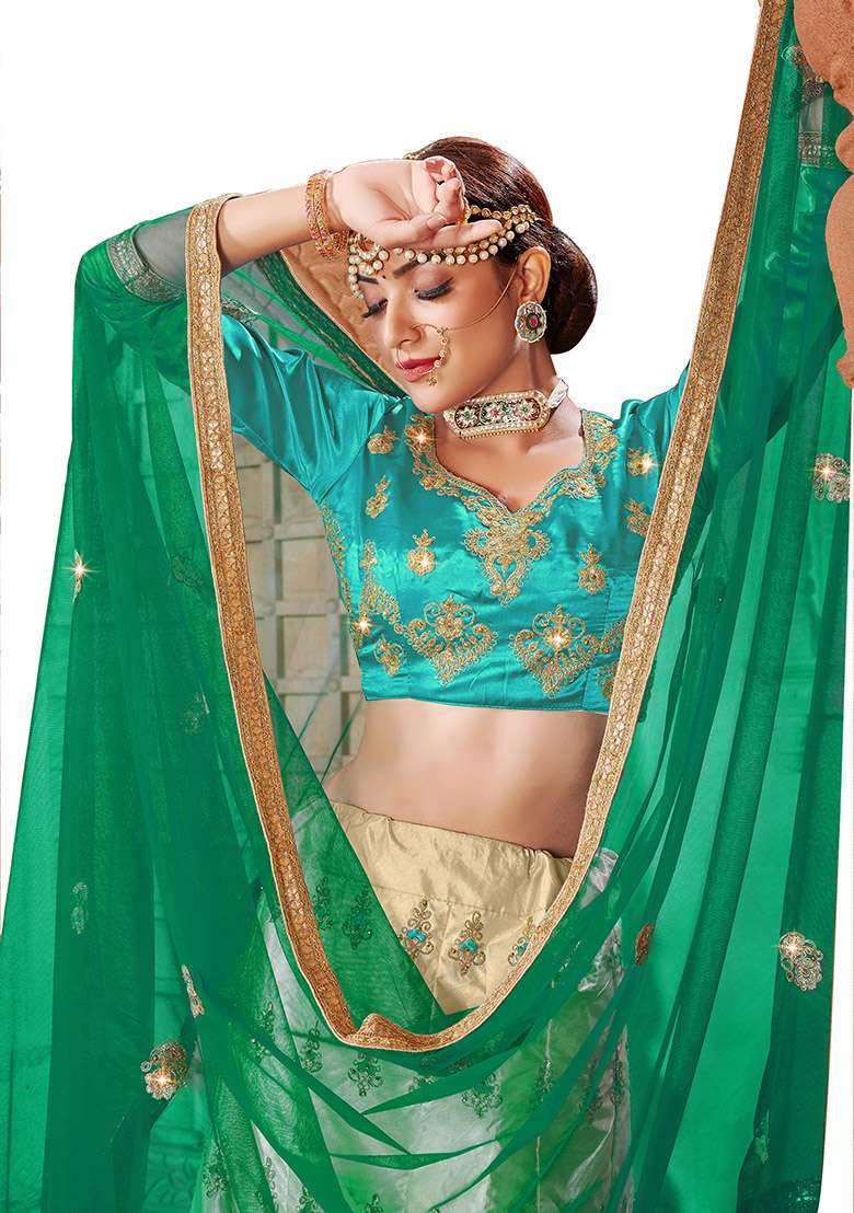 Beige And Sky Blue Blend Satin Silk Lehenga Set with Embroidered for Diwali | Wedding & Festive Wear - Indya