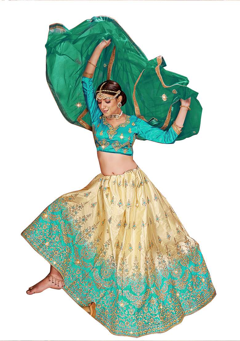 Beige And Sky Blue Blend Satin Silk Lehenga Set with Embroidered for Diwali | Wedding & Festive Wear - Indya