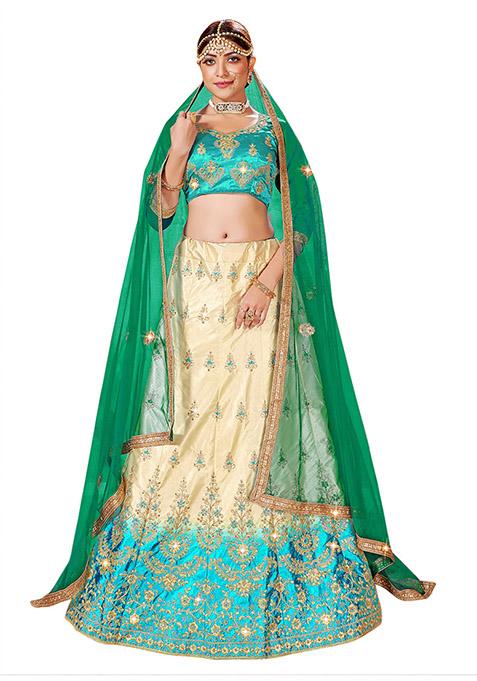 Beige And Sky Blue Embroidered Satin Silk Lehenga Set