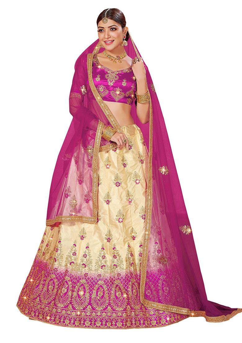 Beige And Magenta Embroidered Satin Silk Lehenga Set