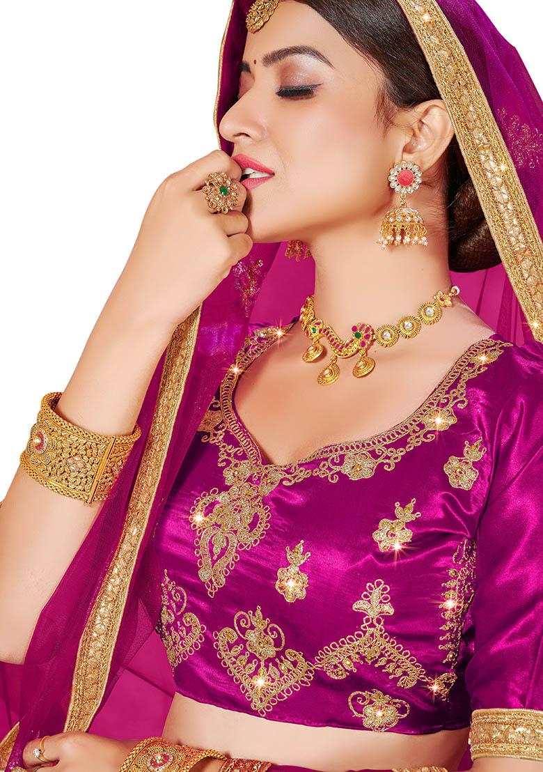 Beige And Magenta Embroidered Satin Silk Lehenga Set - Indya