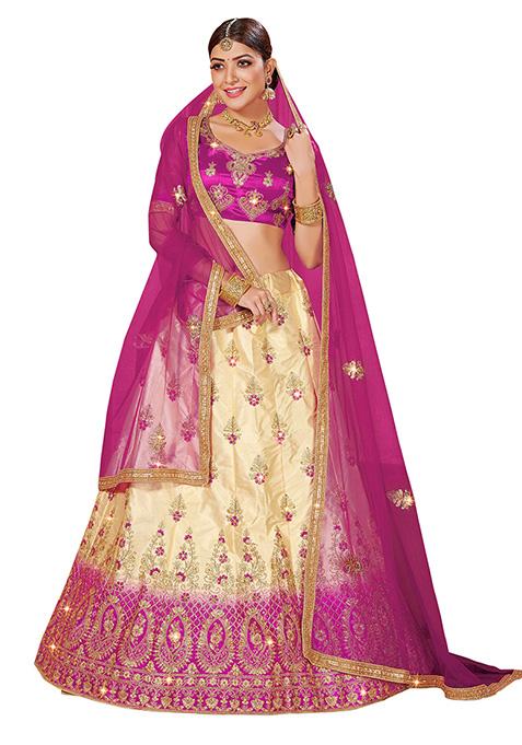 Beige And Magenta Embroidered Satin Silk Lehenga Set