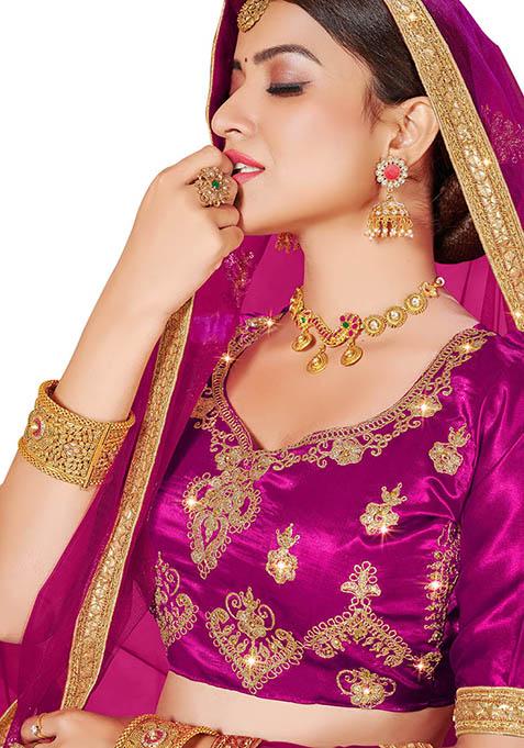 Beige And Magenta Embroidered Satin Silk Lehenga Set