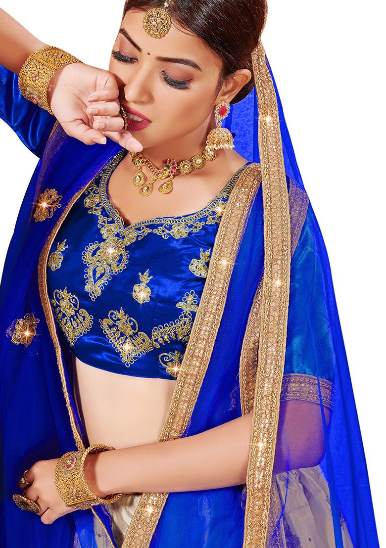 Beige And Blue Embroidered Satin Silk Lehenga Set - Indya