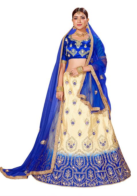 Beige And Blue Embroidered Satin Silk Lehenga Set