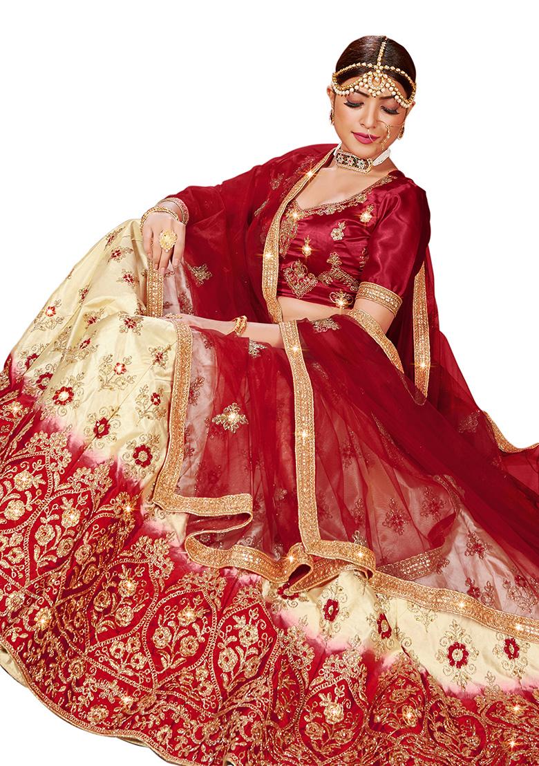 Beige And Maroon Embroidered Satin Silk Lehenga Set - Indya