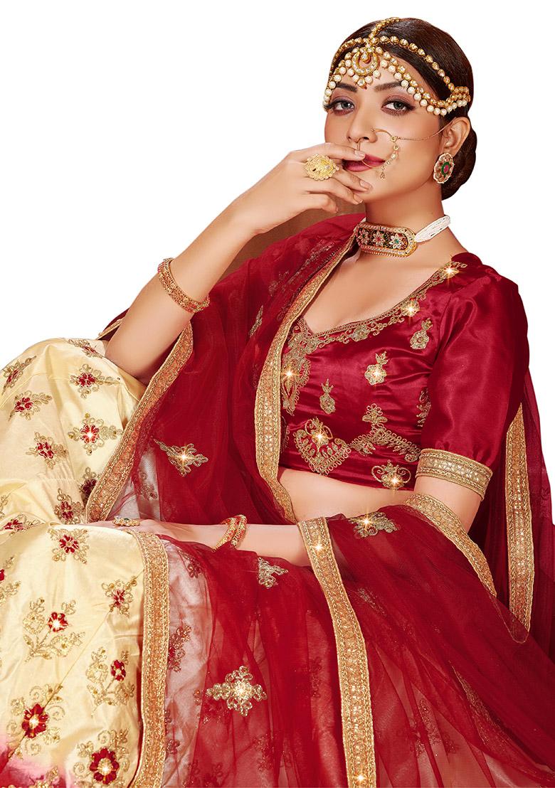 Beige And Maroon Embroidered Satin Silk Lehenga Set