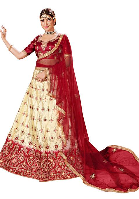 Beige And Maroon Embroidered Satin Silk Lehenga Set