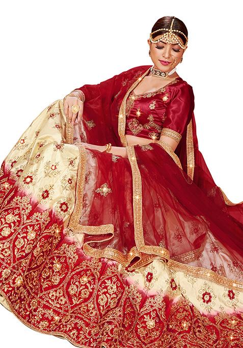 Beige And Maroon Embroidered Satin Silk Lehenga Set