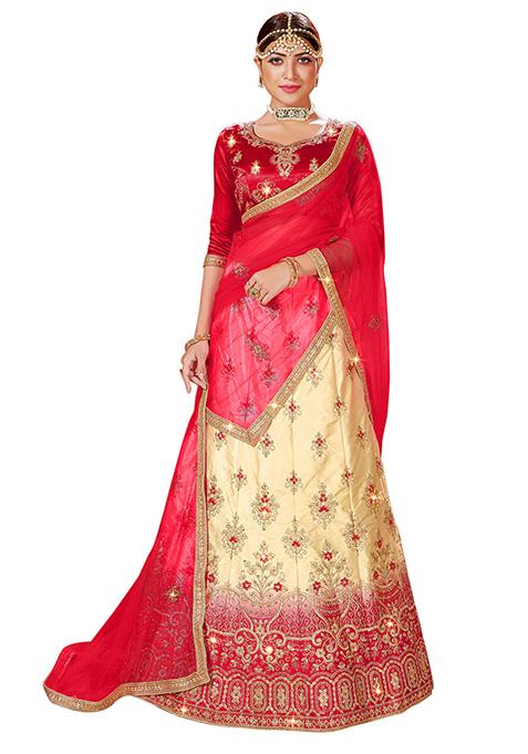 Beige And Pink Embroidered Satin Silk Lehenga Set