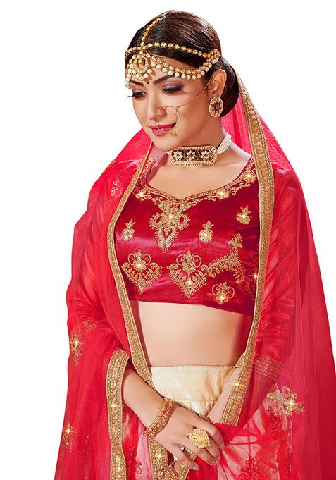 Beige And Pink Embroidered Satin Silk Lehenga Set