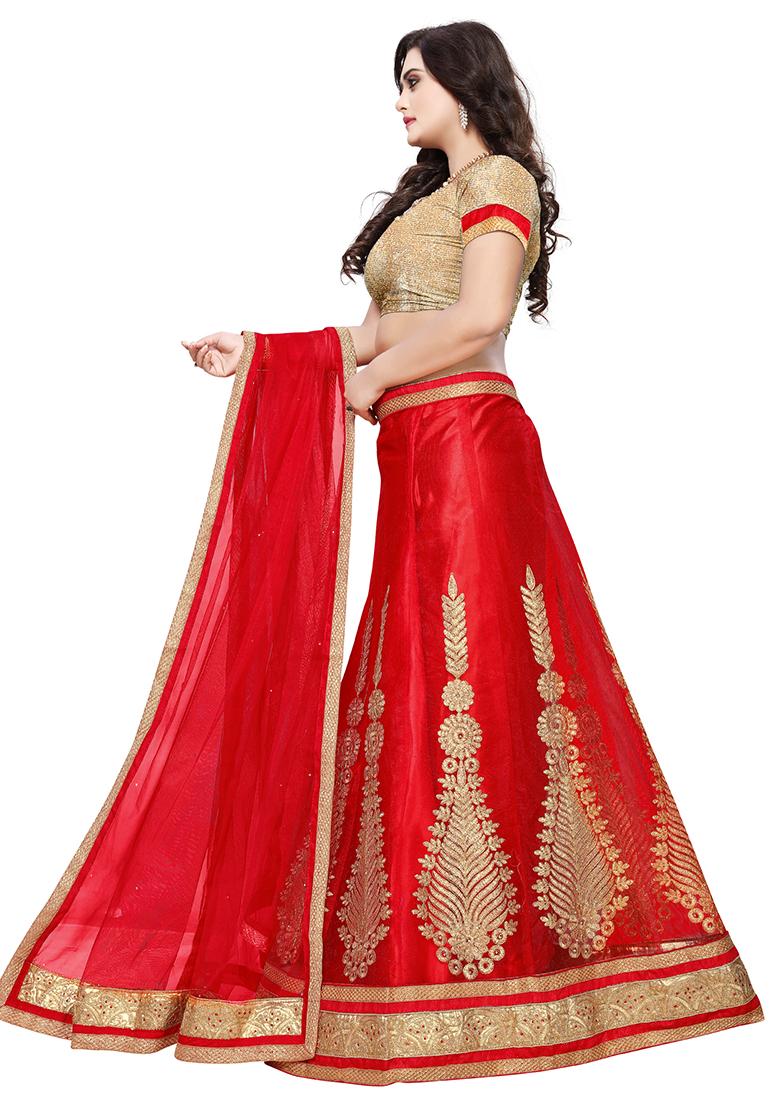 Red Embroidered Net Lehenga Set