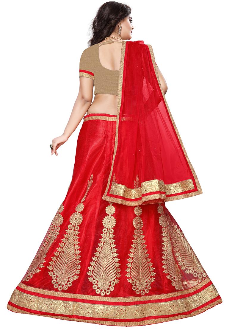 Red Embroidered Net Lehenga Set