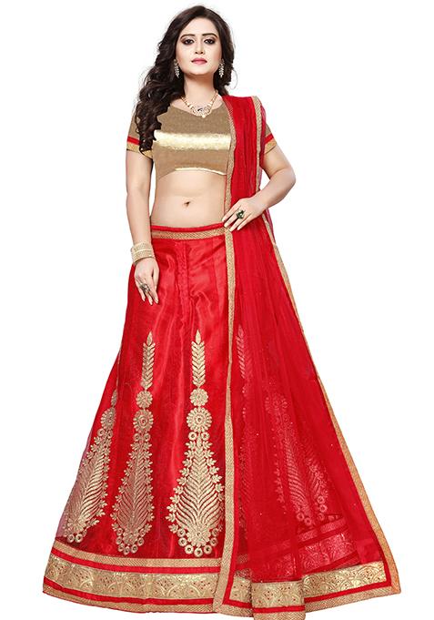 Red Embroidered Net Lehenga Set