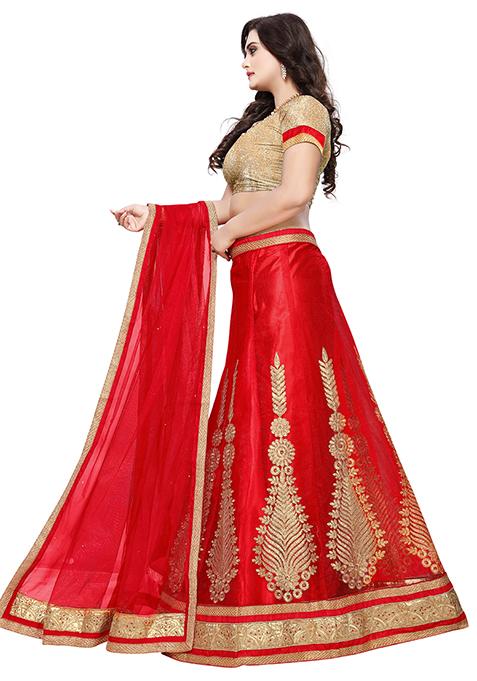 Red Embroidered Net Lehenga Set