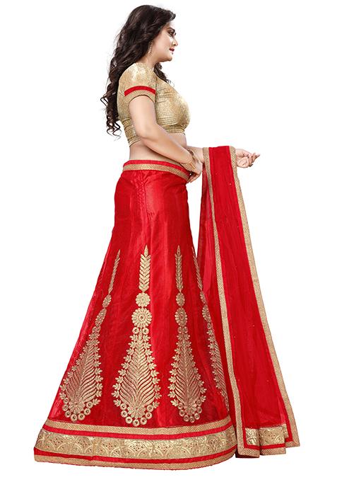 Red Embroidered Net Lehenga Set