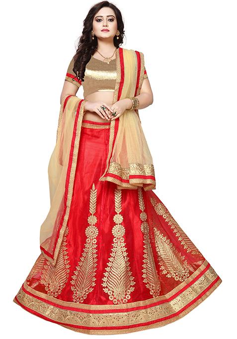 Red Embroidered Net Lehenga Set