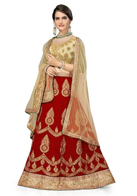 Red Zari Embroidered Velvet Lehenga Set