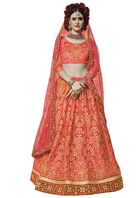 Pink Embroidered Silk Satin Lehenga Set