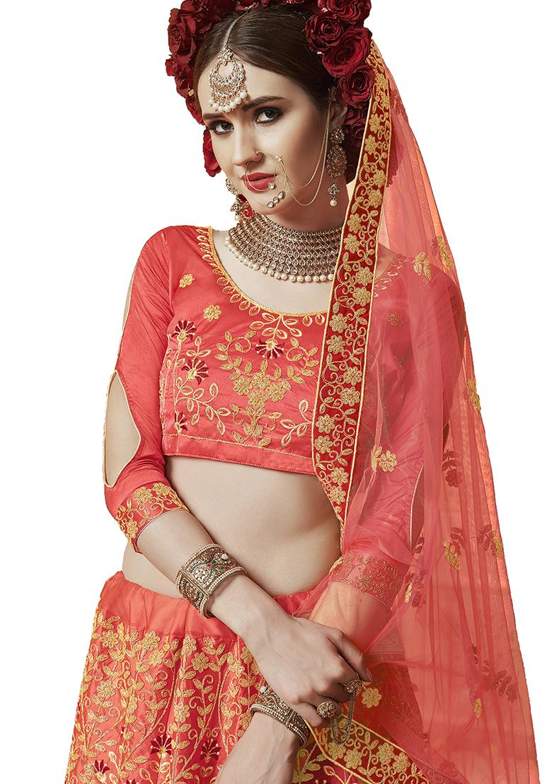 Pink Embroidered Silk Satin Lehenga Set
