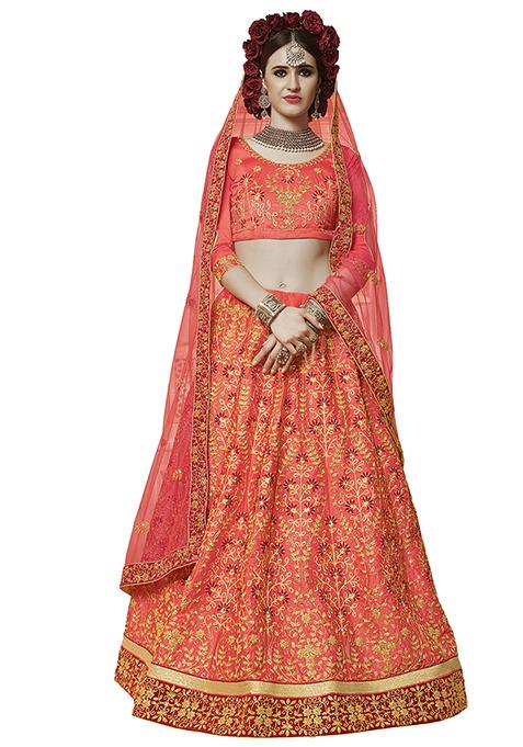 Pink Embroidered Silk Satin Lehenga Set