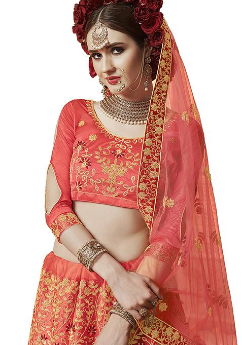 Pink Embroidered Silk Satin Lehenga Set